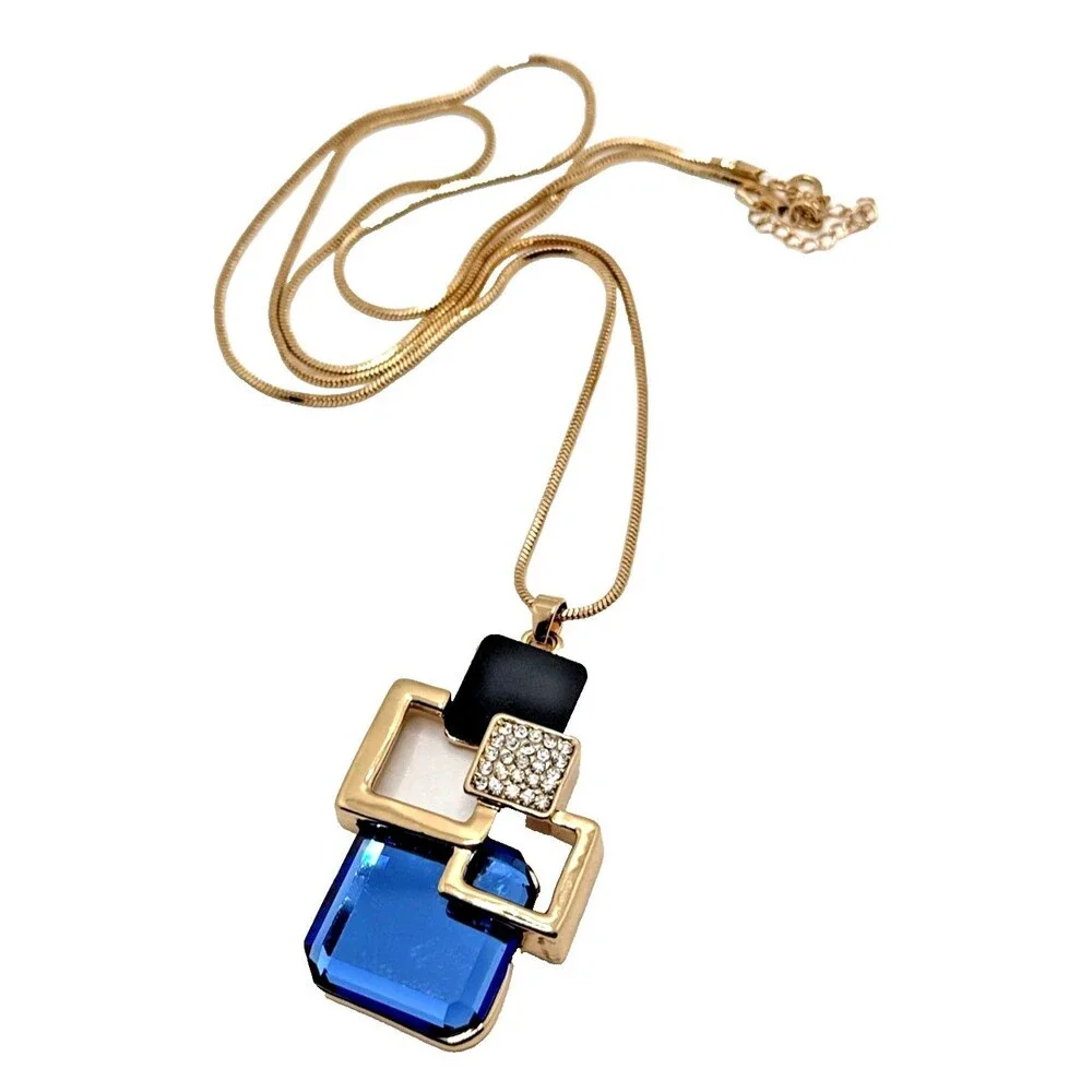NEW Modernist Geometric Square Statement Necklace Blue Crystal Accents 32